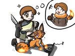  bodily_fluids butcher_knife butchering canid canine crying duo feral fire fox foxparks hi_res human imminent_death knife mammal muffler pal_(species) palworld pocketpair tears trapped yuumisocute 