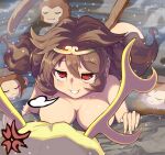  2girls :3 anger_vein antlers blonde_hair blush breasts brown_hair circlet commentary_request completely_nude doyagao hair_between_eyes horns kicchou_yachie large_breasts long_hair looking_at_another low_twintails medium_bangs monkey monkey_tail multiple_girls nipples nude onsen red_eyes smug son_biten steam syope tail touhou twintails upper_body yellow_horns 