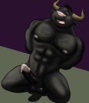  2018 abs absurd_res anthro balls body_hair bovid bovine cattle digital_media_(artwork) don_toro erection genitals hair hands_behind_back hi_res horn humanoid_genitalia humanoid_penis jakers kneeling male mammal muscular muscular_male nipples nude open_mouth pecs penis simple_background solo spikysketches 