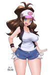  1girl :d achromaru alternate_breast_size baseball_cap blue_eyes breasts brown_hair cleavage curly_hair denim denim_shorts hat high_ponytail highres hilda_(pokemon) large_breasts long_hair looking_at_viewer open_mouth pokemon pokemon_bw ponytail short_shorts shorts sidelocks smile solo teeth tongue upper_teeth_only 