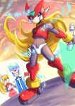  1girl 2boys armor black_bodysuit black_eyes blonde_hair blue_eyes blue_helmet blue_robe bodysuit bodysuit_under_clothes ciel_(mega_man) closed_mouth cyber_elf_x_(mega_man) flag forehead_jewel full_body halo hand_on_own_leg helmet high_ponytail highres holding holding_flag holding_sword holding_weapon long_hair male_focus mega_man_(series) mega_man_zero_(series) meshiuma0x multiple_boys pink_shirt pink_skirt red_armor red_helmet robe shirt skirt solo_focus sword weapon x_(mega_man) z_saber zero(z)_(mega_man) zero_(mega_man) 