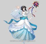  1girl black_hair blue_dress bouquet breasts bridal_veil bride cleavage dress fire_emblem fire_emblem_engage fire_emblem_heroes freestyle18 full_body hair_between_eyes hair_ornament jewelry long_sleeves looking_at_viewer nel_(fire_emblem) nel_(stoic_bride)_(fire_emblem) official_alternate_costume open_mouth red_eyes short_hair smile strapless strapless_dress two-tone_dress veil wedding_dress white_dress 