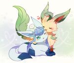 animal_focus artist_name blue_eyes blue_fur blush closed_eyes glaceon green_fur heart hyrell leaf leafeon licking long_hair lying no_humans one_eye_closed open_mouth pokemon pokemon_(creature) sitting smile speech_bubble twitter_username two-tone_fur yellow_fur 