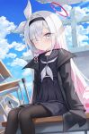  1girl black_choker black_coat black_hairband black_pantyhose black_serafuku black_skirt blue_archive blush choker closed_mouth coat eyes_visible_through_hair feet_out_of_frame grey_eyes grey_hair hair_over_one_eye hairband halo highres long_hair long_sleeves looking_at_viewer neckerchief open_clothes open_coat pantyhose plana_(blue_archive) pleated_skirt rangtori red_halo school_uniform serafuku sitting skirt solo white_neckerchief 