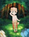  2019 animal_humanoid bandage blonde_hair canid canid_humanoid canine canine_humanoid child clothed clothing dog_humanoid flower forest grass green_eyes hair humanoid kaoru_(thebrushking) male mammal navel nipples outside plant solo thebrushking topless tree young 