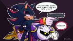  2boys armor cape crossover galaxia_(sword) gloves gun highres holding holding_gun holding_sword holding_weapon i_think_we&#039;re_gonna_have_to_kill_this_guy_steven_(meme) kirby_(series) lunatyk male_focus mask meme meta_knight mixed-language_text multiple_boys outline pauldrons red_eyes shadow_the_hedgehog shadow_the_hedgehog_(game) shoulder_armor sonic_(series) sword teeth weapon white_gloves white_outline yellow_eyes 