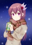  1girl alternate_costume blue_sweater blush brown_coat brown_hair can casual closed_mouth coat eyebrows_visible_through_hair hair_ornament highres holding holding_can kantai_collection kisaragi_(kantai_collection) long_hair long_sleeves looking_at_viewer minakami_mimimi night plaid plaid_scarf purple_eyes red_scarf scarf smile snow solo sweater upper_body 