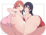  2girls :o ass ass_focus bent_over bikini blue_eyes blue_hair blush breasts brown_eyes commentary_request dark_blue_hair hair_bun hand_on_own_ass highres huge_ass large_breasts long_hair looking_at_viewer looking_back love_live! love_live!_nijigasaki_high_school_idol_club medium_hair multiple_girls open_mouth pink_bikini pink_hair red_bikini shiny_skin single_hair_bun sweatdrop swimsuit uehara_ayumu wewe white_background yuki_setsuna_(love_live!) 