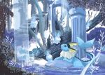  animal_focus black_eyes blue_fire blue_theme closed_mouth column commentary fins fire head_fins highres litwick log no_humans on_stairs outdoors pillar pokemon pokemon_(creature) river rock stairs symbol-only_commentary tree vaporeon volpecorvo water waterfall 