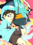  1boy absurdres aetherion backpack bag bandage_on_face bandages black_cat blue_eyes blue_hoodie canti cat flcl hands_in_pockets highres hood hoodie looking_down nandaba_naota robot short_shorts shorts sticker takkun_(flcl) television 