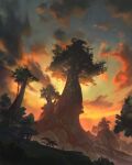  1other absurdres ambiguous_gender blue_sky cloud commentary dragon english_commentary fantasy gradient_sky highres orange_clouds original outdoors richardlay scenery sky sunset tree very_wide_shot western_dragon 