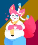  2019 :3 ambiguous_gender anthro belly belly_overhang big_belly black_nose blep blue_bottomwear blue_clothing blue_eyes blue_pants blush bottomwear clothed clothing digital_media_(artwork) eeveelution fluffy fluffy_tail fully_clothed fur generation_6_pokemon gesture gloves_(marking) hair hand_heart heart_symbol lgbt_pride looking_at_viewer markings muffin_top neck_tuft nintendo one_eye_closed overweight overweight_ambiguous overweight_anthro pansexual_pride_colors pants pattern_background pink_body pink_fur pink_hair pink_tongue pixel_(artwork) pokemon pokemon_(species) pokemorph portrait pride_color_background pride_colors ribbonfurl scarf shirt simple_background solo standing striped_background sylveon tail thick_thighs three-quarter_portrait three-quarter_view tongue tongue_out topwear tuft velvet_(atsuineko) white_body white_clothing white_fur white_shirt white_topwear yellow_scarf 
