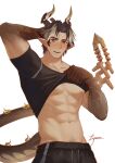  1boy abs arknights arm_behind_head arm_tattoo artist_name bara black_shirt blush brown_eyes brown_hair chong_yue_(arknights) clothes_lift dragon_boy dragon_horns dragon_tail groin hand_up highres horns lifted_by_self looking_at_viewer lyeam_orangecat male_focus multicolored_hair navel_hair nipples open_mouth pointy_ears shirt shirt_lift short_hair short_sleeves signature simple_background solo streaked_hair sweat tail tattoo toned toned_male upper_body white_background 