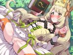  1girl bar_censor blonde_hair blush book boris_(noborhys) breasts butterfly_hair_ornament celine_(fire_emblem) censored clothing_aside commentary_request crown fire_emblem fire_emblem_engage hair_ornament highres holding holding_book long_hair nipples outdoors panties panties_aside pussy sitting small_breasts solo spread_legs thighhighs thighs torn_clothes underwear very_long_hair white_panties 
