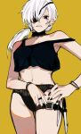  1girl armlet black_nails breasts chainsaw_man crop_top earrings eyepatch highres jewelry knife long_hair looking_at_viewer navel panties ponytail quanxi_(chainsaw_man) ring sailen0 simple_background single_earring solo underwear white_hair 