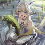  1girl absurdres arknights bare_shoulders blonde_hair collarbone commentary dragon_girl dragon_horns dragon_tail earrings grey_eyes grey_hair hair_intakes highres holding holding_plant horns jewelry long_hair looking_at_viewer looking_up multicolored_hair open_mouth outdoors pants plant pointy_ears purple_hair red_pupils rice_paddy shu_(arknights) solo strapless symbol-only_commentary tail tube_top water white_pants white_tube_top zapik 