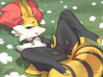  2024 3_toes 4_fingers absurd_res anthro anus black_stripes braixen choker choker_only feet female fingers fur generation_6_pokemon genitals grass hi_res inner_ear_fluff jewelry looking_at_viewer lying lying_on_ground markings necklace necklace_only nintendo nude on_back on_ground outside plant pokemon pokemon_(species) pussy red_eyes solo spread_legs spreading striped_markings striped_tail stripes tail tail_markings toes tongue tongue_out tuft yellow_body yellow_fur yellow_tail zinfyu 