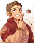 1boy aged_up bara facial_hair facial_mark forearms forehead_mark hanuman_(housamo) highres looking_at_viewer male_focus medium_sideburns muscular muscular_male pectoral_cleavage pectorals sanpaku short_hair sideburns_stubble solo stubble thick_eyebrows tokyo_afterschool_summoners ttn_(239_239) upper_body 