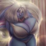  absurd_res big_breasts blue_body bra breasts cleavage clothed clothing cute_fangs female fluffy_ears hair hi_res huge_breasts huge_ears humanoid league_of_legends lips looking_at_viewer navel panties poppy_(lol) riot_games short_stack slightly_chubby solo takoonart tencent thick_thighs underwear white_hair wide_hips yordle 
