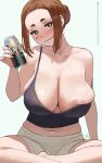  1girl alcohol bare_shoulders black_tank_top blush breasts brown_eyes brown_hair can commentary_request drink_can grey_shorts hair_bun highres holding holding_can huge_breasts indian_style inverted_nipples kaii_to_otome_to_kamikakushi large_breasts looking_at_viewer mole mole_under_eye navel nipple_slip nipples ogawa_sumireko short_eyebrows short_shorts shorts simple_background sitting smile solo sports_bra tank_top thick_eyebrows zefrableu 