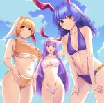  3girls absurdres animal_ears bikini blonde_hair blue_hair earclip floppy_ears highres long_hair multiple_girls open_mouth purple_hair rabbit_ears red_eyes reisen_udongein_inaba ringo_(touhou) seiran_(touhou) short_hair smile swimsuit tarmo touhou twintails very_long_hair 