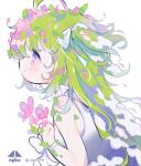  1girl ahoge artist_name bow_choker bug butterfly choker clenched_hand closed_mouth cotono_(nazekun) cross-shaped_pupils dress flower from_side green_hair hair_flower hair_ornament hair_ribbon hands_on_own_chest hands_up highres lace lace_choker leaf leaf_hair_ornament long_hair original pink_butterfly pink_eyes pink_flower ribbon short_twintails simple_background sleeveless sleeveless_dress smile snow_on_head swept_bangs symbol-shaped_pupils twintails two_side_up upper_body white_background white_choker white_dress white_ribbon wrist_bow wrist_ribbon 