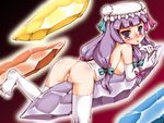 anus ass blush bow breasts censored crotch_rub crystal gloves hat long_hair lying medium_breasts nipples open_mouth patchouli_knowledge purple_eyes purple_hair pussy pussy_juice solo sukiyo thighhighs touhou 