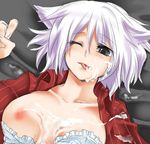  :p after_sex animal_ears bad_id bad_pixiv_id black_eyes blush bra bra_pull breast_slip breasts copyright_request cum cum_on_body cum_on_breasts cum_on_clothes cum_on_hair cum_on_upper_body facial inverted_nipples konshin large_breasts licking_lips lingerie lowres lying nipples one_breast_out one_eye_closed open_clothes open_shirt shirt short_hair solo tongue tongue_out underwear white_hair 