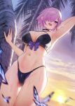  1girl alternate_costume arm_up armpits bikini black_bikini black_choker blush breasts bug butterfly choker evening fate/grand_order fate_(series) from_below highleg highleg_bikini highres large_breasts looking_at_viewer mash_kyrielight navel ocean one_eye_covered open_mouth outdoors purple_eyes purple_hair short_hair smile solar_(happymonk) solo stomach sun sunset swimsuit thigh_gap thighs tree water wet 