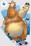 anthro dated dragontzin dreamworks flabby_arms flabby_legs giraffe giraffid hand_on_belly happy hi_res madagascar_(series) male mammal melman_mankiewicz_iii open_mouth overweight signature solo