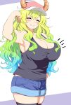  1girl arm_up armpits bare_arms bare_shoulders baseball_cap black_tank_top black_thighhighs blonde_hair blue_hair blue_shorts blush breasts cleavage closed_eyes closed_mouth clothes_lift cowboy_shot curly_hair denim denim_shorts dragon_horns gradient_hair green_hair hair_between_eyes hair_over_breasts hand_in_own_hair hat highres horns horns_through_headwear kobayashi-san_chi_no_maidragon large_breasts long_hair lucoa_(maidragon) mamiyama multicolored_hair notice_lines pink_hat shirt_lift shorts simple_background skindentation smile solo standing tank_top thighhighs 