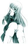  ass blush c.c. censored code_geass detached_sleeves long_hair monochrome pussy pussy_juice solo thighhighs yatengetsu 