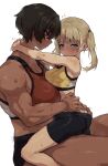  2girls blonde_hair blue_eyes breasts brown_hair bulge carrying carrying_person dark-skinned_female dark_skin dry_humping futa_with_female futanari gym_uniform height_difference highres humping kei_(m_k) large_breasts long_hair m_k multiple_girls original penis_under_another&#039;s_clothes red_eyes rika_(m_k) short_hair simple_background size_difference sweat tall tall_female tan 