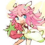  1girl :d alonemistrist bare_shoulders blue_eyes detached_sleeves dragalia_lost dress fairy fairy_wings fang flower food fruit hair_flower hair_ornament holding holding_food holding_fruit long_hair looking_to_the_side notte_(dragalia_lost) open_mouth pink_hair smile solo strawberry white_background wings 