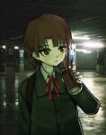  1girl arm_at_side asymmetrical_bangs asymmetrical_hair backlighting blush brown_eyes brown_hair buttons can ceiling_light dr_pepper drink_can eyelashes film_grain fingernails fire_extinguisher hair_ornament hand_up head_tilt holding holding_can iwakura_lain jacket long_sleeves looking_ahead medium_hair neck_ribbon parking_garage parted_lips photo_background pillar red_ribbon reflective_floor ribbon school_uniform serial_experiments_lain shirt shoulder_strap single_sidelock soda_can solo upper_body white_shirt x_hair_ornament yuroroo 