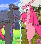  angelasalazzle anthro duo female generation_7_pokemon hands_touching happy hi_res looking_at_another lovander nintendo pal_(species) palworld pocketpair pokemon pokemon_(species) reptile salazzle scalie standing 