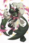  blurry blurry_foreground body_fur cat commentary eye_mask full_body furry green_fur green_mask green_scarf looking_at_viewer makoto_ikemu meowscarada petals pokemon pokemon_(creature) red_eyes scarf simple_background white_background 