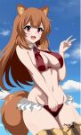  1girl :d absurdres animal_ear_fluff animal_ears artist_name bare_arms bikini blue_sky blunt_bangs boots breasts brown_hair cleavage cloud collar cowboy_shot day frilled_bikini frills groin hair_between_eyes hand_up highres indexxryo large_breasts light_blush long_hair looking_at_viewer navel open_mouth outdoors raccoon_ears raccoon_tail raphtalia red_bikini red_eyes sky smile solo swimsuit tail tate_no_yuusha_no_nariagari thigh_boots v white_collar 