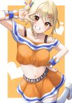  1girl absurdres aftamc blonde_hair border braided_sidelock collarbone commentary_request hand_on_own_hip heart heart_necklace highres jewelry looking_at_viewer love_live! love_live!_nijigasaki_high_school_idol_club midriff miyashita_ai navel necklace orange_background orange_eyes outside_border saiko_heart_(love_live!) shoes side_ponytail smile solo standing standing_on_one_leg thighhighs upper_body v_over_eye white_border white_footwear white_thighhighs wrist_cuffs 