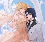  1boy 1girl absurdres athrun_zala bellllllllla529 blonde_hair blue_hair breasts cagalli_yula_athha couple detached_sleeves dress formal green_eyes grey_suit gundam gundam_seed gundam_seed_destiny gundam_seed_freedom hair_ornament hetero highres holding jacket necktie short_hair short_ponytail smile suit suit_jacket yellow_dress yellow_eyes 