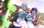  2girls :d :t aqua_neckerchief bench bite_mark black_choker blue_eyes blue_hair blue_ribbon bob_cut chewing choker collarbone colored_inner_hair dappled_sunlight dark_blue_hair day diagonal_bangs dollchestra dress dutch_angle eating feet_out_of_frame food fruit game_cg grey_hair hair_ornament hair_ribbon handkerchief hasu_no_sora_school_uniform highres holding holding_food holding_fruit inverted_bob link!_like!_love_live! long_hair looking_at_another love_live! low_twintails lunchbox medium_dress mole mole_on_neck multicolored_hair multiple_girls murano_sayaka neckerchief o-ring o-ring_choker official_art on_bench open_mouth park_bench pink_eyes plant pleated_dress red_hair red_neckerchief ribbon sailor_collar sailor_dress school_uniform shadow short_hair short_sleeves sitting smile star_(symbol) star_hair_ornament streaked_hair summer_uniform sunlight teeth third-party_source twintails upper_teeth_only vines virtual_youtuber watermelon watermelon_slice white_dress white_sailor_collar wooden_bench yugiri_tsuzuri 