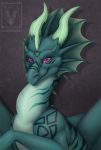  2019 digital_media_(artwork) dragon feral green_scales horn pinkdragonlove purple_eyes scales scalie simple_background smile solo spines western_dragon 