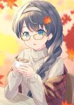  1girl :o absurdres alternate_costume alternate_hairstyle aran_sweater autumn_leaves bespectacled bird blue_eyes blue_hair blurry blurry_background braid brown-framed_eyewear cable_knit coffee_mug commentary_request cup dark_blue_hair glasses grey_hairband grey_sweater hairband highres holding holding_cup latte_art leaf leaf_on_head link!_like!_love_live! long_braid long_hair long_sleeves looking_at_viewer love_live! mug murano_sayaka penguin plaid single_braid sleeves_past_fingers sleeves_past_wrists solo sweater turtleneck turtleneck_sweater virtual_youtuber yutuki_ame 