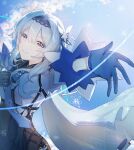  1girl black_hairband blue_cape blue_gloves blue_hair blue_necktie blue_sky breasts cape chest_harness closed_mouth eula_(genshin_impact) euphoria_lberte genshin_impact gloves hair_between_eyes hair_ornament hairband harness looking_at_viewer medium_breasts medium_hair necktie reaching reaching_towards_viewer side_cape sky solo upper_body wide_sleeves yellow_eyes 