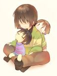  3others black_footwear blue_shorts blue_sweater brown_hair chara_(undertale) child closed_eyes closed_mouth collared_shirt colored_skin commentary_request crossover deltarune facing_another facing_up frisk_(undertale) full_body green_sweater hair_behind_ear hand_on_another&#039;s_back hand_on_own_knee indian_style kris_(deltarune) long_sleeves multiple_others no_eyes pink_sweater shaded_face shirt short_hair shorts simple_background sitting smile striped_clothes striped_sweater suisei_1121 sweater turtleneck turtleneck_sweater undertale yellow_background yellow_skin yellow_sweater 