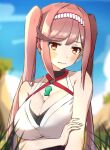  1girl alternate_hairstyle bare_shoulders blurry blurry_background blush breasts closed_mouth collarbone commentary_request core_crystal_(xenoblade) glimmer_(xenoblade) highres kanuici336 large_breasts long_hair looking_at_viewer orange_eyes outdoors red_hair sidelocks solo twintails xenoblade_chronicles_(series) xenoblade_chronicles_3 xenoblade_chronicles_3:_future_redeemed 