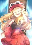  1girl :d blonde_hair blurry blurry_background closed_eyes commentary eyelashes eyewear_on_headwear happy hat holding_strap long_hair open_mouth pink_bag pleated_skirt pokemon pokemon_xy red_skirt serena_(pokemon) shirt skirt sleeveless sleeveless_shirt smile solo sunglasses teeth upper_teeth_only yomogi_(black-elf) 