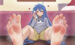  1girl :3 absurdres ahoge barefoot bedroom blue_hair blush closed_eyes commission feet foot_focus foreshortening full_body greek_toe grey_hoodie hair_between_eyes hand_up highres holding holding_phone hood hood_down hoodie indoors izumi_konata long_hair long_sleeves lucky_star mole mole_under_eye nikishiko on_ground phone pixiv_commission shadow shorts sidelocks signature sitting smell soles solo steaming_body toes very_long_hair wooden_floor yellow_shorts 