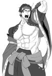 1boy abs bara bare_pectorals character_request cowboy_shot glasses greyscale guilty_gear highres hip_vent itaru_(kidomh63) large_pectorals male_focus monochrome muscular muscular_male nipples pectorals short_hair shrug_(clothing) solo squeans standing strongman_waist thick_eyebrows yawning 