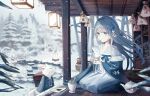  1girl animal blue_eyes cat closed_mouth cup flower fox grey_hair hair_flower hair_ornament holding holding_cup iren_lovel lantern long_hair long_sleeves outdoors qixiong_ruqun ruqun seiza sitting snow snowing solo teacup teapot tree very_long_hair wide_sleeves winter 